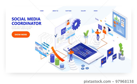 Social media coordinator landing page design, website banner vector template. Marketing manager job. 97968138