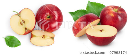 Red apple with half isolated on white background with full depth of field. Top view. Flat lay. Red apple with half isolated on white background with full depth of field. Top view. Flat lay. 97968174