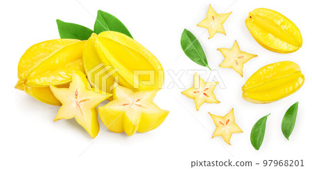 Carambola or star-fruit isolated on white background with copy space for your text. Top view. Flat lay 97968201