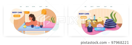 Body care landing page design, website banner vector template set. Woman enjoying spa salon procedures. Body treatment. Body care landing page design, website banner vector template set. Woman enjoying spa salon procedures. Body treatment. 97968221