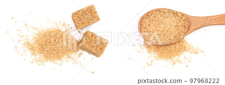 brown sugar in wooden spoon isolated on white background. Top view. Flat lay brown sugar in wooden spoon isolated on white background. Top view. Flat lay 97968222