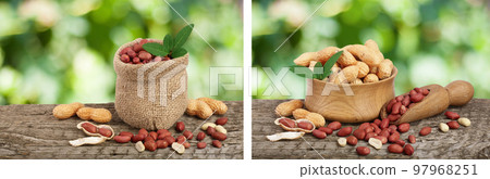 peanuts with leaf in bag on old on wooden table with a blurry garden background peanuts with leaf in bag on old on wooden table with a blurry garden background 97968251