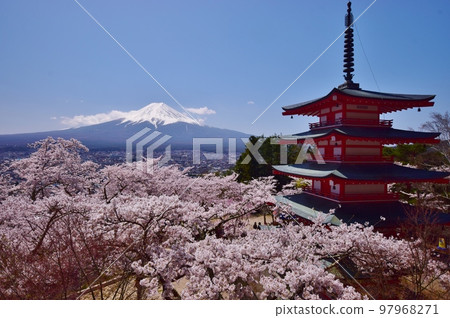 櫻花、富士山和五層寶塔新倉山淺間公園 97968271