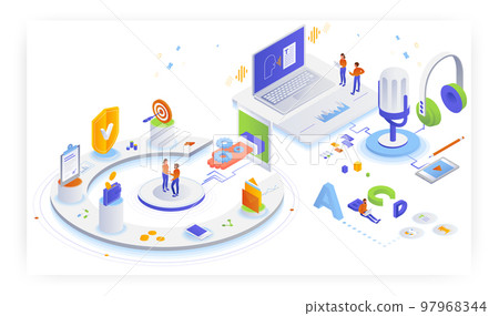 Legal transcription services. Audio transcription. Automatic speech recognition, vector isometric illustration. Legal transcription services. Audio transcription. Automatic speech recognition, vector isometric illustration. 97968344