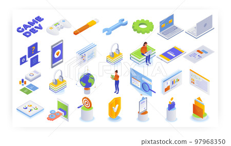 Isometric mobile and computer gaming icon set, vector isolated illustration. Video game development concept. 97968350