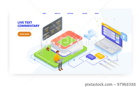 American football team, player, scores live text commentaries, landing page design, website banner vector template. 97968388