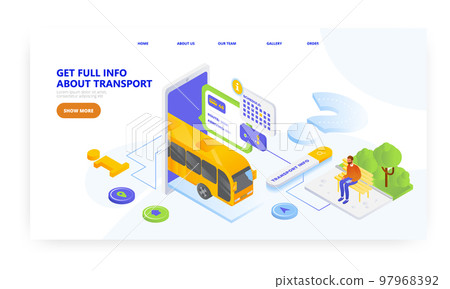 City public transport information mobile app, landing page design, website banner vector template. Bus route schedule. 97968392