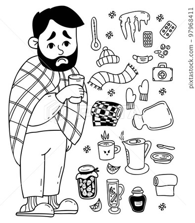 Sick sad bearded man wrapped in blanket with cup. collection of treatment items pills, scarf, hat, gloves, jam, kettle, mulled wine, heating pad and thermometer. Isolated vector linear doodles. Sick sad bearded man wrapped in blanket with cup. collection of treatment items pills, scarf, hat, gloves, jam, kettle, mulled wine, heating pad and thermometer. Isolated vector linear doodles. 97968411