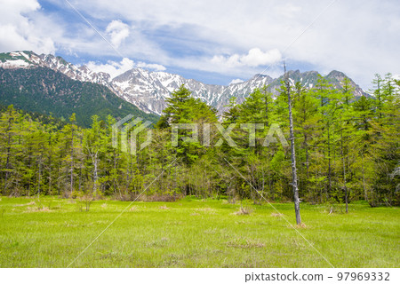 新鮮的綠色上高地[從田代濕原看到的穗高山脈] 97969332