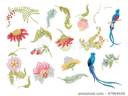 Fantasy flowers with bird of paradise quezal 97969449