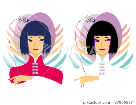 穿著不同顏色的中國服飾的女人的上半身 穿著不同顏色的中國服飾的女人的上半身 97969557