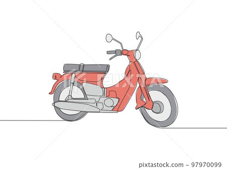 One continuous line drawing of old classic Asian underbone motorbike logo. Vintage motorcycle concept. Single line draw design vector illustration 97970099