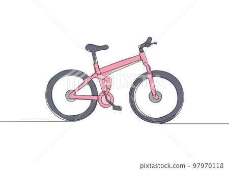 One single line drawing of mountain bicycle logo. Urban bike to work and go green movement concept. Continuous line draw design vector illustration One single line drawing of mountain bicycle logo. Urban bike to work and go green movement concept. Continuous line draw design vector illustration 97970118