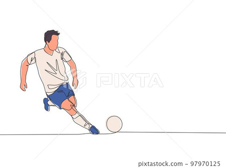 One single line drawing of young energetic football player dribbling the ball and ready to shot to the goal. Soccer match sports concept. Continuous line draw design vector illustration One single line drawing of young energetic football player dribbling the ball and ready to shot to the goal. Soccer match sports concept. Continuous line draw design vector illustration 97970125