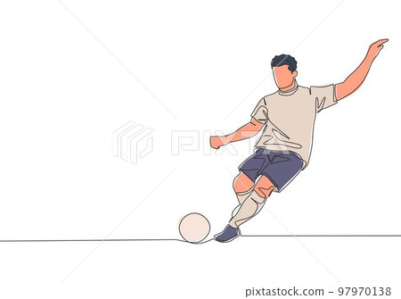 One continuous line drawing of young talented football player take a free kick. Soccer match sports concept. Single line draw design vector illustration One continuous line drawing of young talented football player take a free kick. Soccer match sports concept. Single line draw design vector illustration 97970138