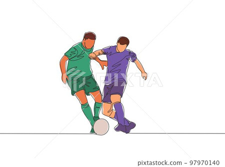 One continuous line drawing of young energetic football player try to pass opponent defender and score the ball to the goal. Soccer match sports concept. Single line draw design vector illustration One continuous line drawing of young energetic football player try to pass opponent defender and score the ball to the goal. Soccer match sports concept. Single line draw design vector illustration 97970140