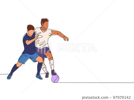 One continuous line drawing of two young energetic football player fighting for the ball at the game. Soccer match sports concept. Single line draw design vector illustration 97970142