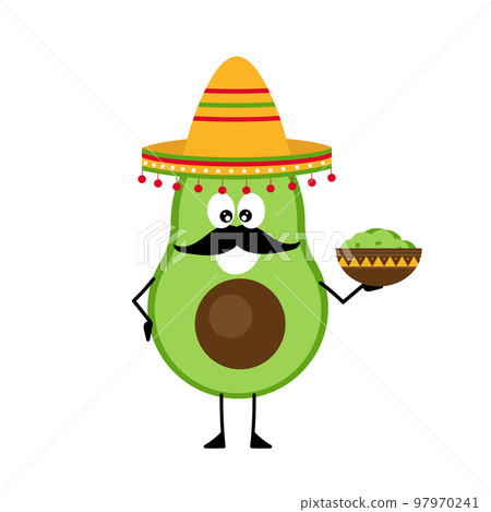 Cheerful cartoon avocado in a sombrero and with a mustache. Cheerful cartoon avocado in a sombrero and with a mustache. 97970241