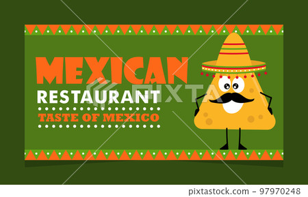 Nachos in sombretro. Cheerful character with smile and mustache. Nachos in sombretro. Cheerful character with smile and mustache. 97970248