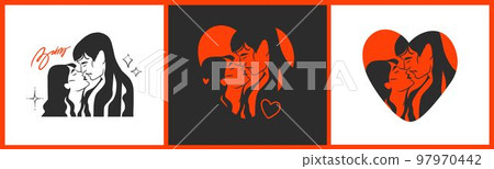 Hand drawn vector abstract graphic illustration Valentines day cards template, drawing kissing couple portrait set in heart silhouette.Love couple kissing together.Valentines beautiful design concept. Hand drawn vector abstract graphic illustration Valentines day cards template, drawing kissing couple portrait set in heart silhouette.Love couple kissing together.Valentines beautiful design concept. 97970442