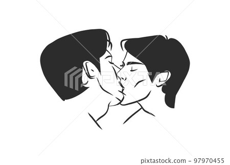 Hand drawn vector abstract graphic illustration Valentines day cards template,gay lgbt kissing couple portrait set in heart silhouette.Love couple kissing together.Valentines beautiful design concept. Hand drawn vector abstract graphic illustration Valentines day cards template,gay lgbt kissing couple portrait set in heart silhouette.Love couple kissing together.Valentines beautiful design concept. 97970455