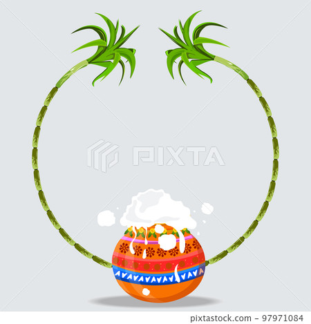 South Indian harvest festival greeting background. Illustration of beautiful Pongal pot with sugar cane frame on white background. 97971084