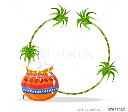South Indian harvest festival greeting background. Illustration of beautiful Pongal pot with Sugarcane frame on white background. 97971085