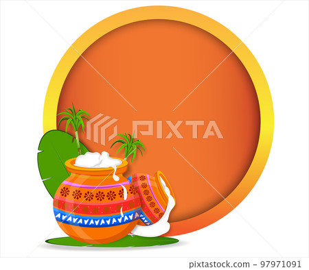 South Indian Happy Pongal Harvest Festival Banner Design. Image of beautiful Pongal pot and sugarcane banana leaf with background in blank space in round circle. 97971091