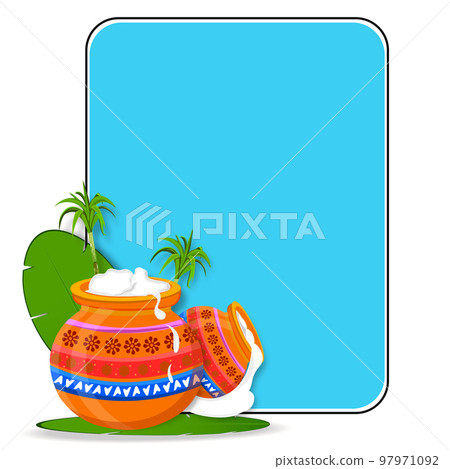 South Indian Happy Pongal Harvest Festival Banner Design. Illustration of beautiful Pongal pot and sugar cane on banana leaf. 97971092