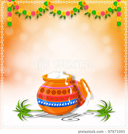 South Indian happy Pongal harvest celebration festival greeting background. Colorful flower garland and Pongal pot with sugarcane on beautiful bokeh effect background. 97971093