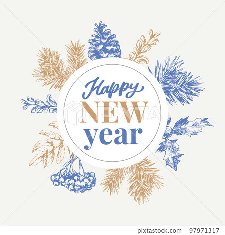 Happy New Year Abstract Botanical Card with Square Frame Banner and Modern Typography. Green and Pink Pastel Colors Greeting Layout. Isolated. Happy New Year Abstract Botanical Card with Square Frame Banner and Modern Typography. Green and Pink Pastel Colors Greeting Layout. Isolated. 97971317