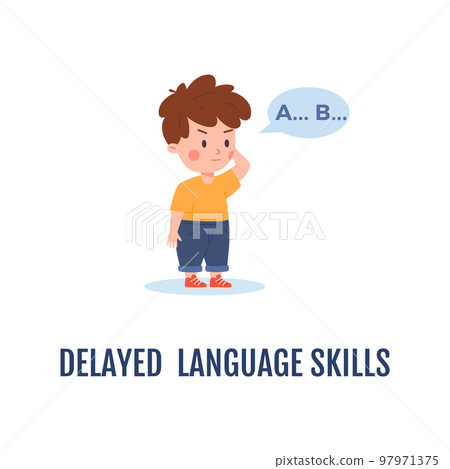 Delayed language skills in children as symptom of autism, vector isolated. 97971375