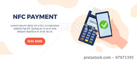 NFC payment web banner advertising, flat vector illustration. NFC payment web banner advertising, flat vector illustration. 97971395