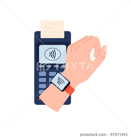 Hand paying with smart watch, connecting POS terminal with NFC - flat vector illustration isolated on white background. 97971401