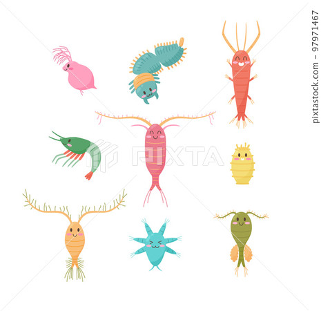 Small crustaceans zooplankton cute funny characters set, flat vector isolated. 97971467