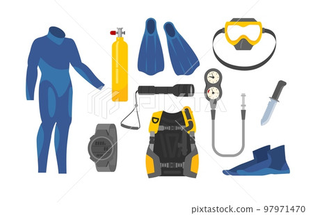 Set of scuba diver equipment flat style, vector illustration Set of scuba diver equipment flat style, vector illustration 97971470