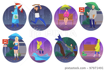 Rainy weather characters in circle frames cartoon vector illustration isolated. 97971491