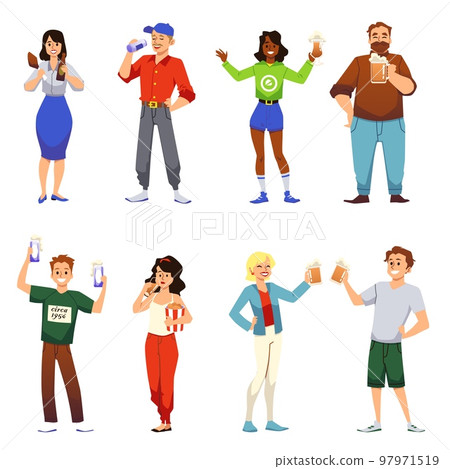 Set of happy people drinking beer at beer festival, flat vector illustration isolated on white background. 97971519