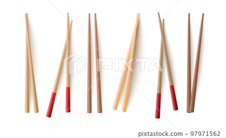 Asian wooden chopsticks pairs, 3d realistic vector illustration isolated. 97971562