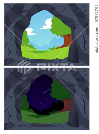 Set of stone cave entrances flat style, vector illustration Set of stone cave entrances flat style, vector illustration 97971795