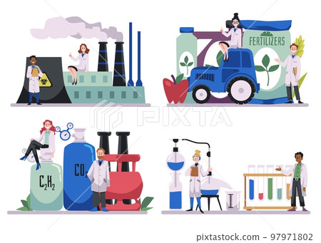 Fertilizer production for plant nutrient supplement, scientists work at the factory. Fertilizer production for plant nutrient supplement, scientists work at the factory. 97971802