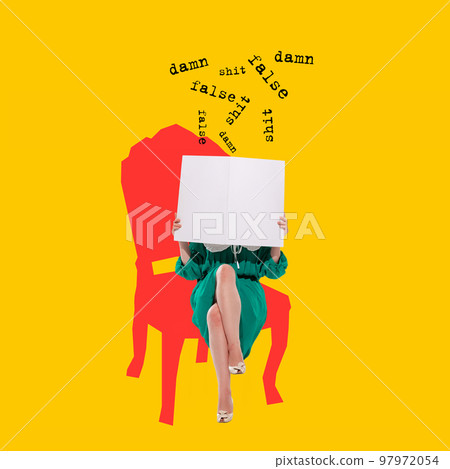 Contemporary art collage. Conceptual creative design. Young woman sitting and reading press, false information, fakes, rumors 97972054