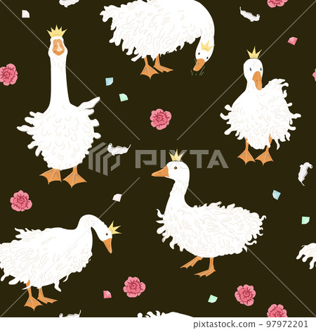 Cute seamless pattern with Sebastopol goose in crowns, diamonds, and rose flowers. Royal Geese fantasy background. Vector illustration. Cute seamless pattern with Sebastopol goose in crowns, diamonds, and rose flowers. Royal Geese fantasy background. Vector illustration. 97972201