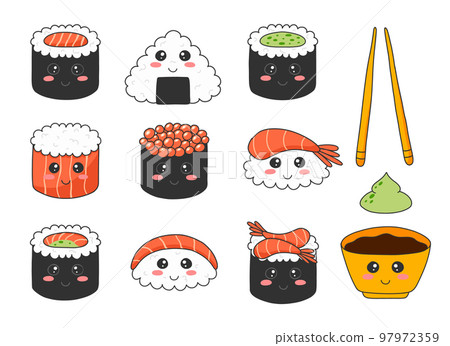 Sushi set in kawaii style. Cute Japanese sushi with a smile. vector illustration. cartoon style. Sushi restaurant logo. Collection Funny sushi character. Sushi set in kawaii style. Cute Japanese sushi with a smile. vector illustration. cartoon style. Sushi restaurant logo. Collection Funny sushi character. 97972359