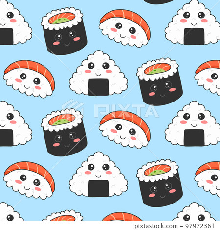 Seamless pattern with sushi in kawaii style.... - Stock Illustration ...