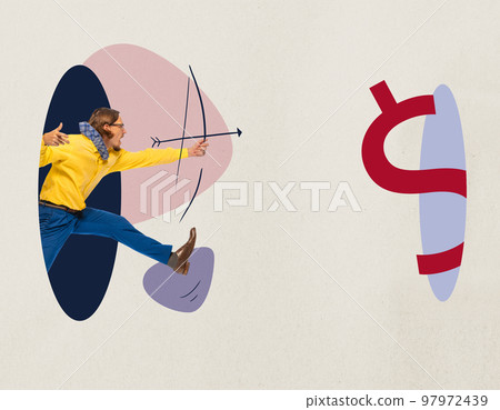 Contemporary art collage. Young office clerk shoots a drawn bow at a target. Concept of motivation, goals, money, finance, investment and achievement. Contemporary art collage. Young office clerk shoots a drawn bow at a target. Concept of motivation, goals, money, finance, investment and achievement. 97972439