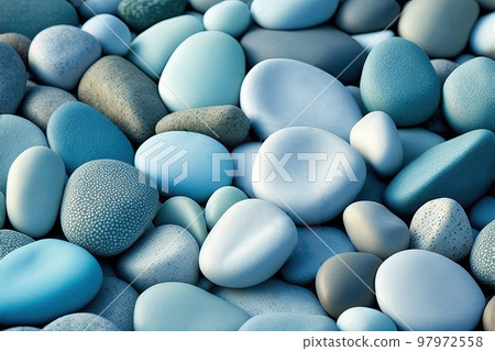 Blue rounded sea pebbles. 3D textured stones ocean bank surface. Summer travel holiday background. Round beach soft stones illustration Blue rounded sea pebbles. 3D textured stones ocean bank surface. Summer travel holiday background. Round beach soft stones illustration 97972558