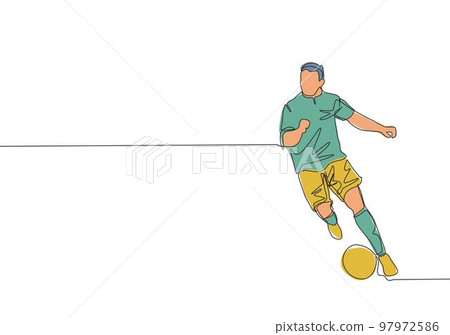 One single line drawing of young talented football midfielder dribbling a ball to the opponents area. Soccer match sports concept. Continuous line draw design vector illustration 97972586