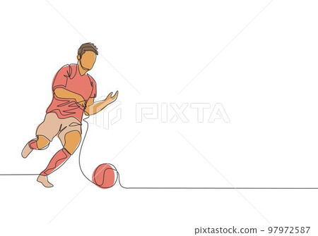 One single line drawing of young energetic football midfielder dribbling the ball at the game. Soccer match sports concept. Continuous line draw design vector illustration 97972587