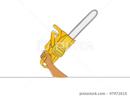 One continuous line drawing of man holding chainsaw. Woodworker tools concept. Single line draw vector design illustration 97972618